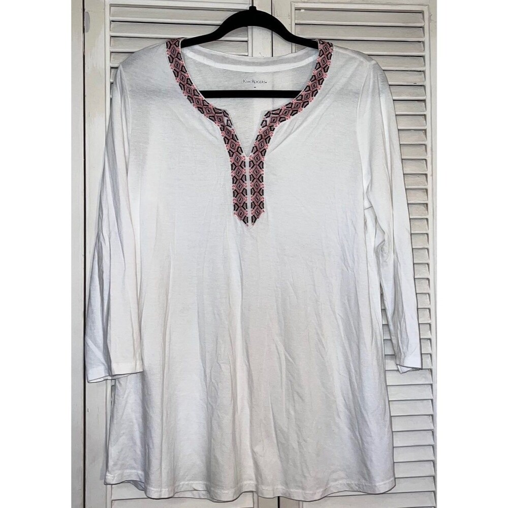 EUC Kim Rogers Cotton Tunic; Size M white with pink/navy accents in the trim